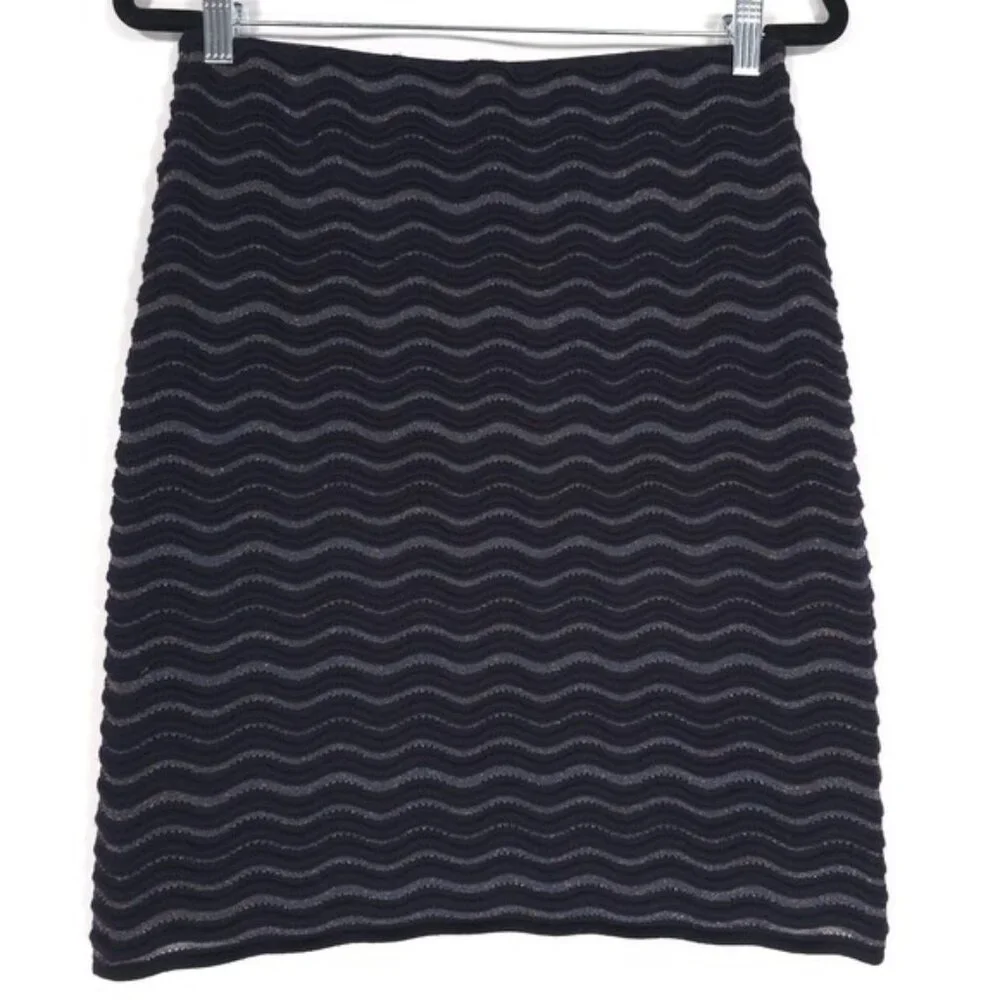 TORY BURCH Navy Metallic Wave Pattern A-Line Wool Blend Skirt‎ MEDIUM